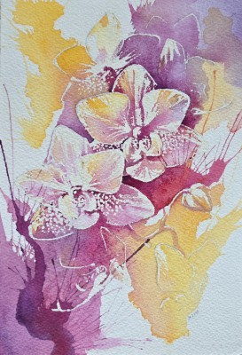 Aquarellbild abstrakter  Orchideen in Lila- und Blautönen